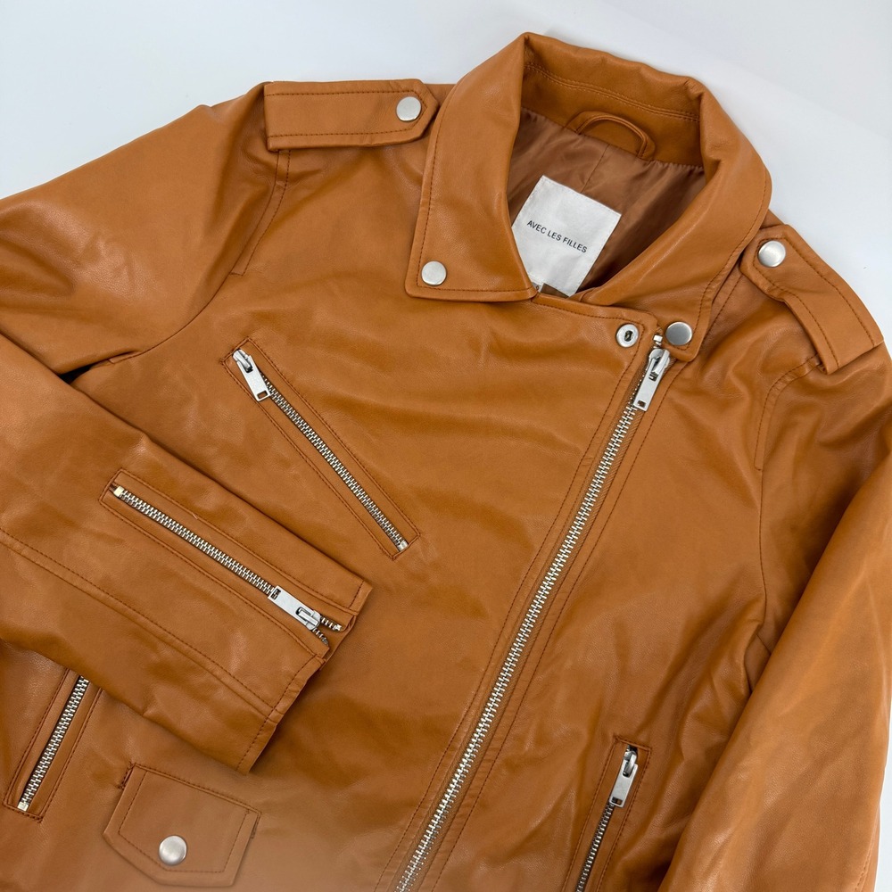 Avec Les Filles Moto Jacket Women Small Cognac Brown Faux Leather Belted Biker